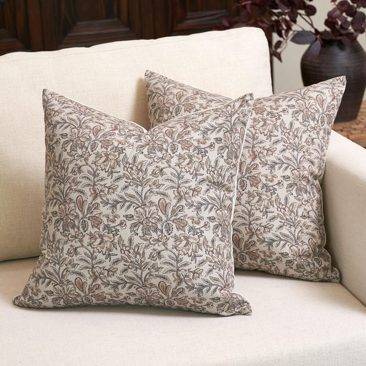 Amor Virisso Floral Throw Pillow Covers 20x20 Set of 2 Vintage Block Print Pillow Covers Decorative Pillow Covers Couch Pillows for Living Room Farmhouse Accent Sofa Pillows, Red/Sand