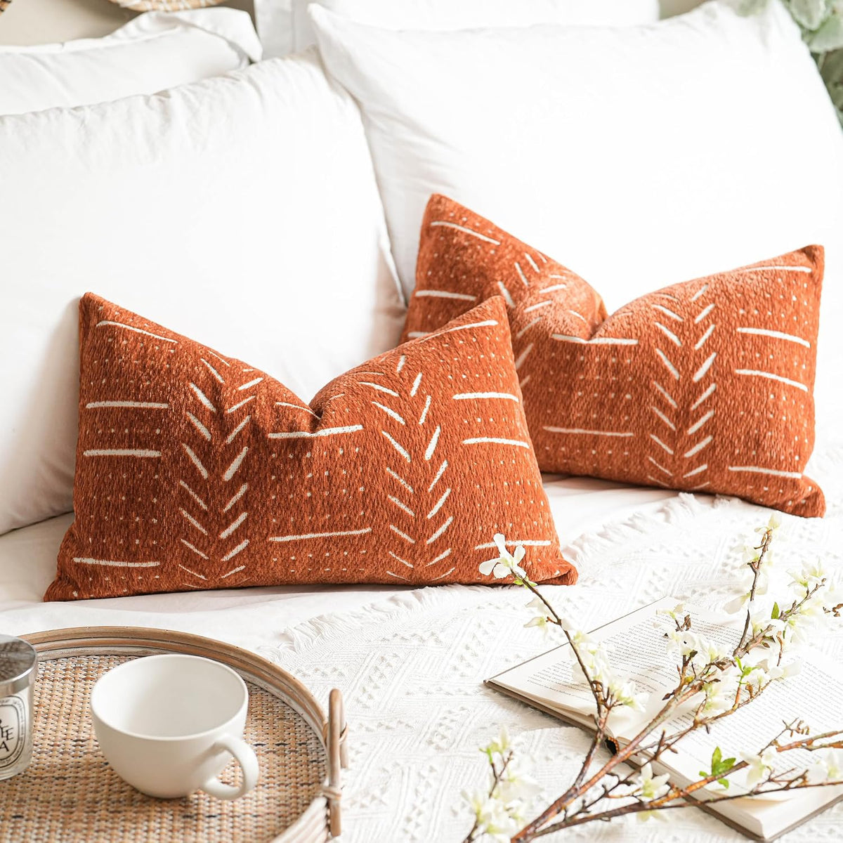 BlissBlush Decorative Lumbar Throw Pillow Covers 12X20 Set of 2, Brick Red Rust Boho Farmhouse Cushion Cover, Soft Accent Pillowcase for Couch Sofa Bed Living Room Home Décor