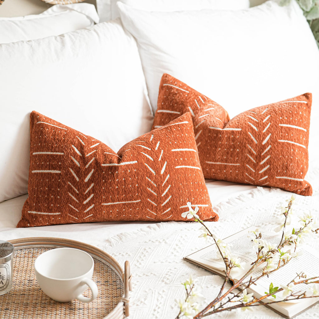 BlissBlush Decorative Lumbar Throw Pillow Covers 12X20 Set of 2, Brick Red Rust Boho Farmhouse Cushion Cover, Soft Accent Pillowcase for Couch Sofa Bed Living Room Home Décor