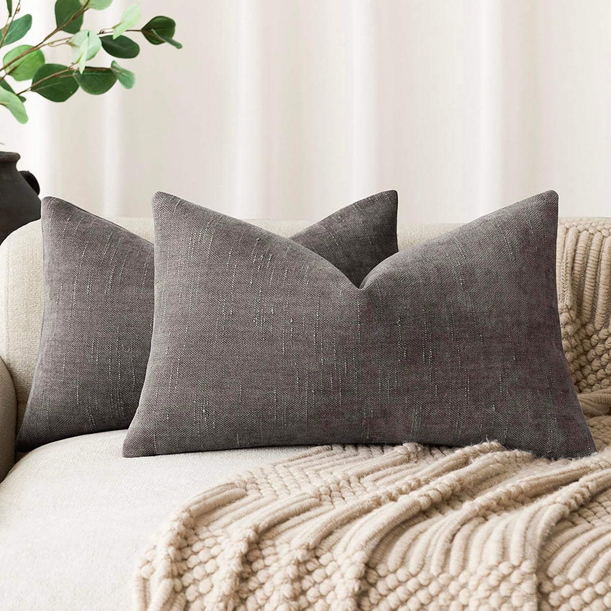 Foindtower Solid Textured Chenille Throw Pillow Covers 20x20 Inch,Taupe
