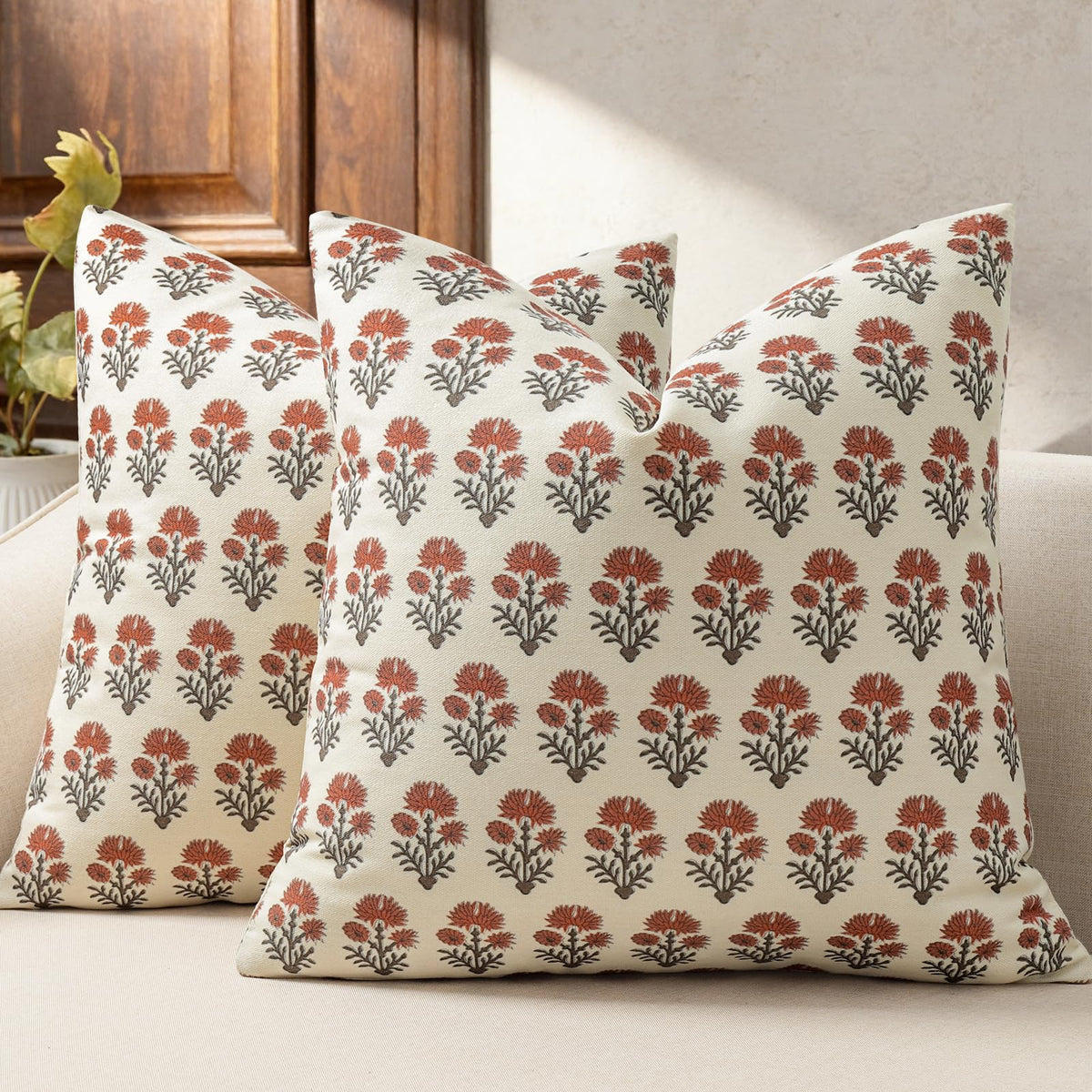 Farmhouse Floral Pillow Covers 18x18 Set of 2, Country Botanical Throw Pillow Cover for Sofa Couch Bed Living Room, Rustic Vintage Flower Cushion Covers Cottage Home Decor,Vintage Walnut