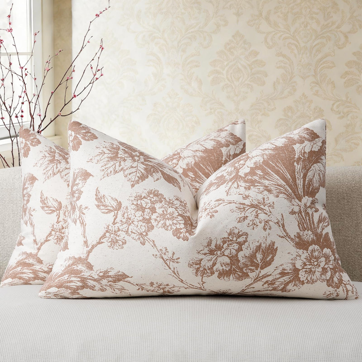 Buenohuas Farmhouse Decorative Pillow Covers 18x18 Set of 2, Vintage Botanical Floral Patterned Cushion Covers for Sofa Couch Chair Bed Living Room Home Decor Accents, Olive Green