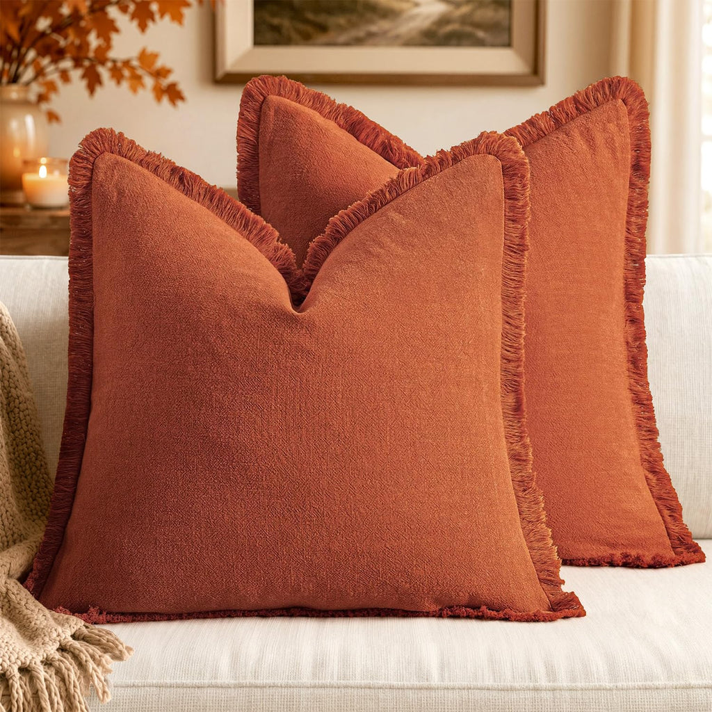 MIULEE Linen Fringe Decorative Throw Pillow Covers Natural Beige 20x20