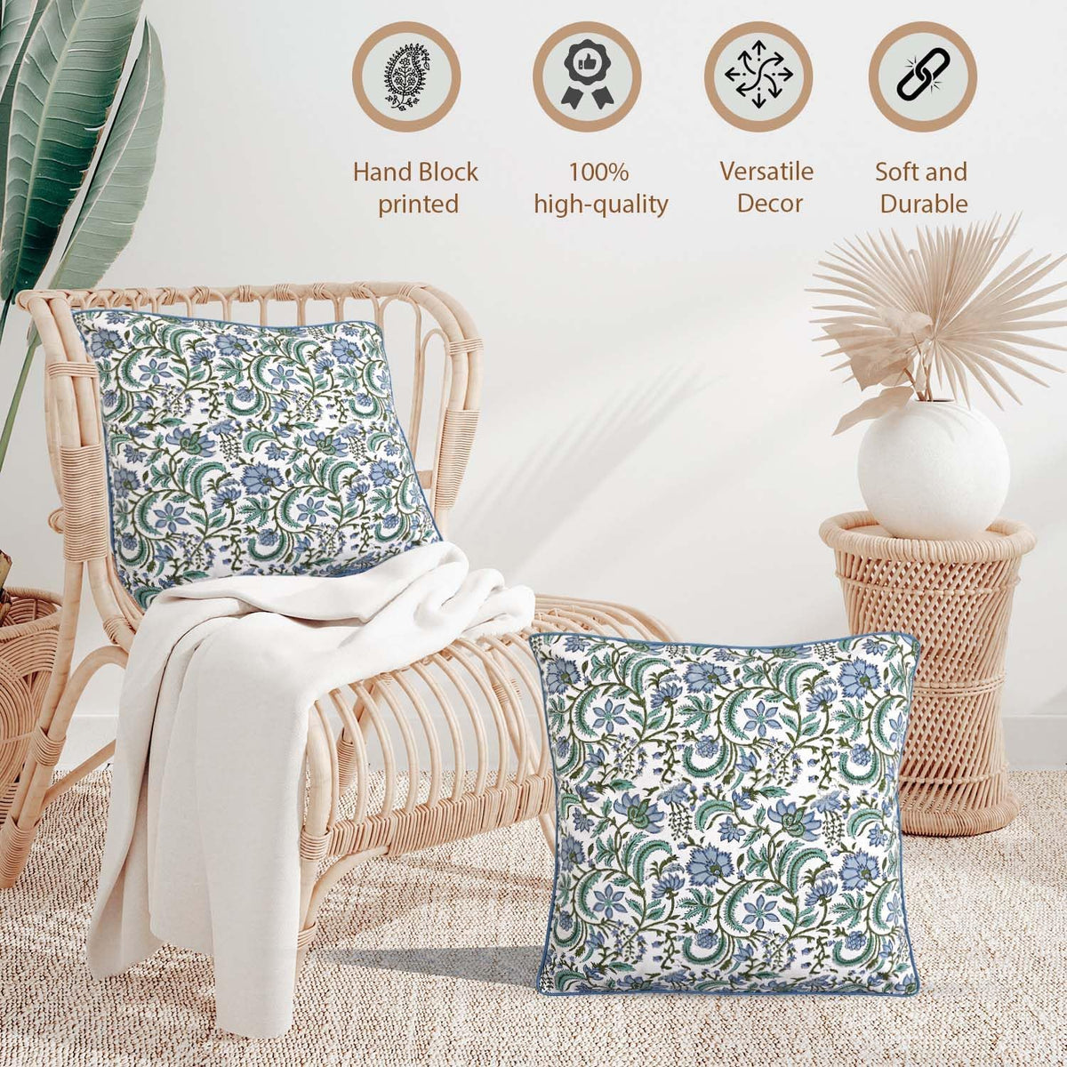 Ridhi Block Print Columbia Blue Pillow Cover 18" x 18" (Pack of 2) Decorative Couch Pillows for Living Room, Chic Boho Cute Outdoor Pillows Covers Gifts for Spring, Easter and Valentine