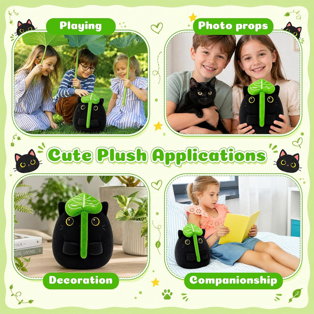 Black Cat Plush Pillow,8.5 Inch Leaf Black Cat Stuffed Animal Toy