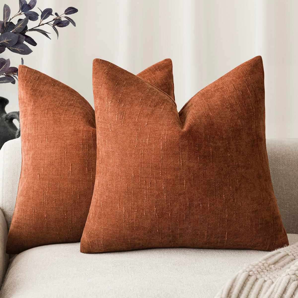 Foindtower Solid Textured Chenille Throw Pillow Covers 20x20 Inch,Taupe