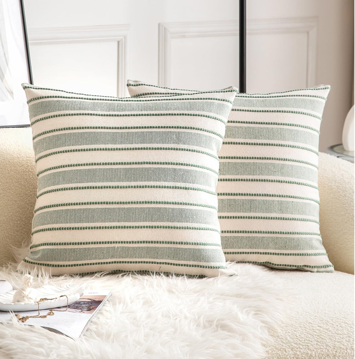 Cethom Decorative Boho Throw Pillow Covers, Farmhouse Textured Pillow Case, 20 x 20 Inch Set of 2, Chair Sofa Bedroom Living Room Home Decor Couch Cushion Case, Classic Blue and Beige Striped