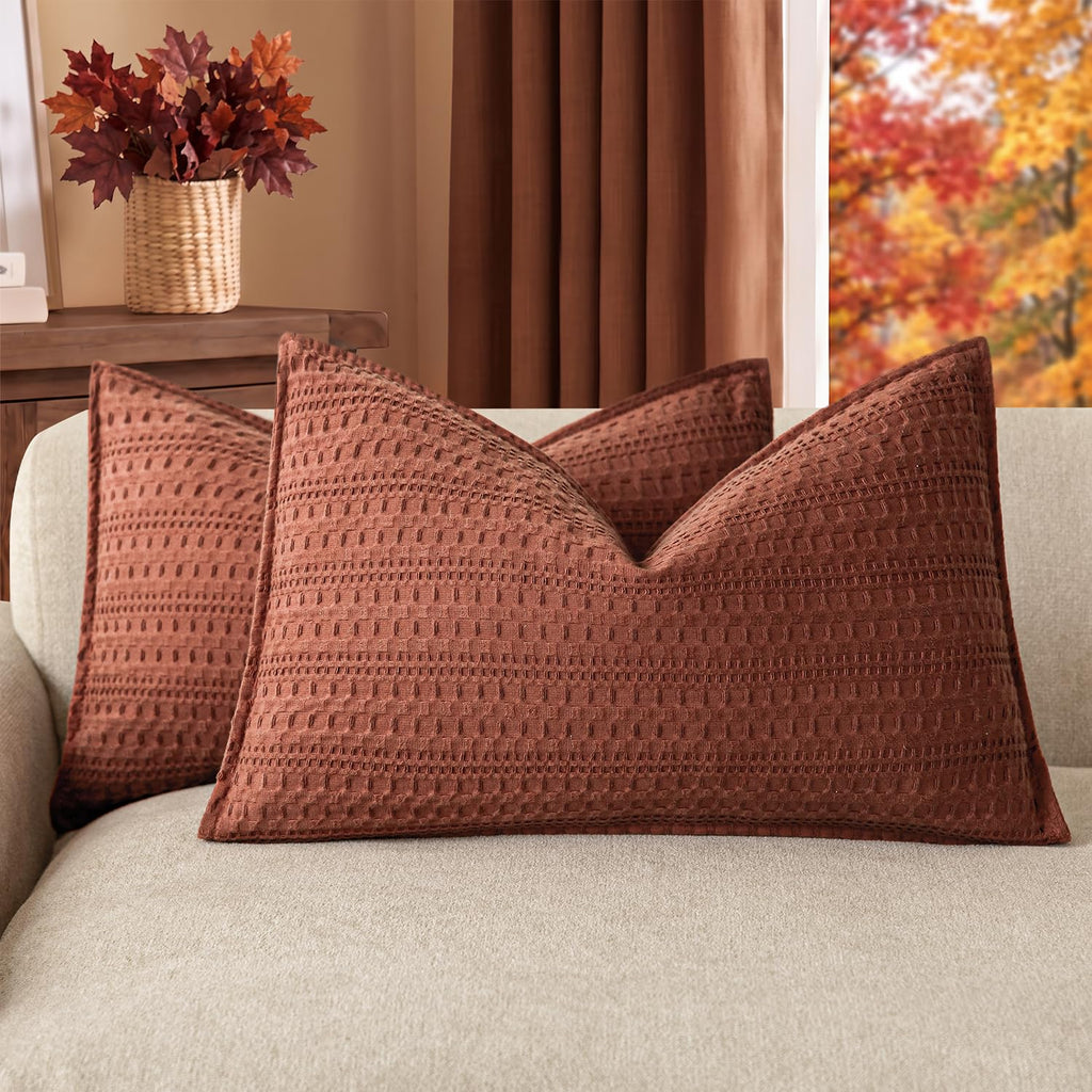 Foindtower Set of 2 Decorative Cotton Waffle Weave Textured Throw Pillow Covers Euro Sham Cushion Covers Accent European Pillowcase For Bed Couch Sofa Bedroom Living Room Home Decor 18×18 Inch Oatmeal