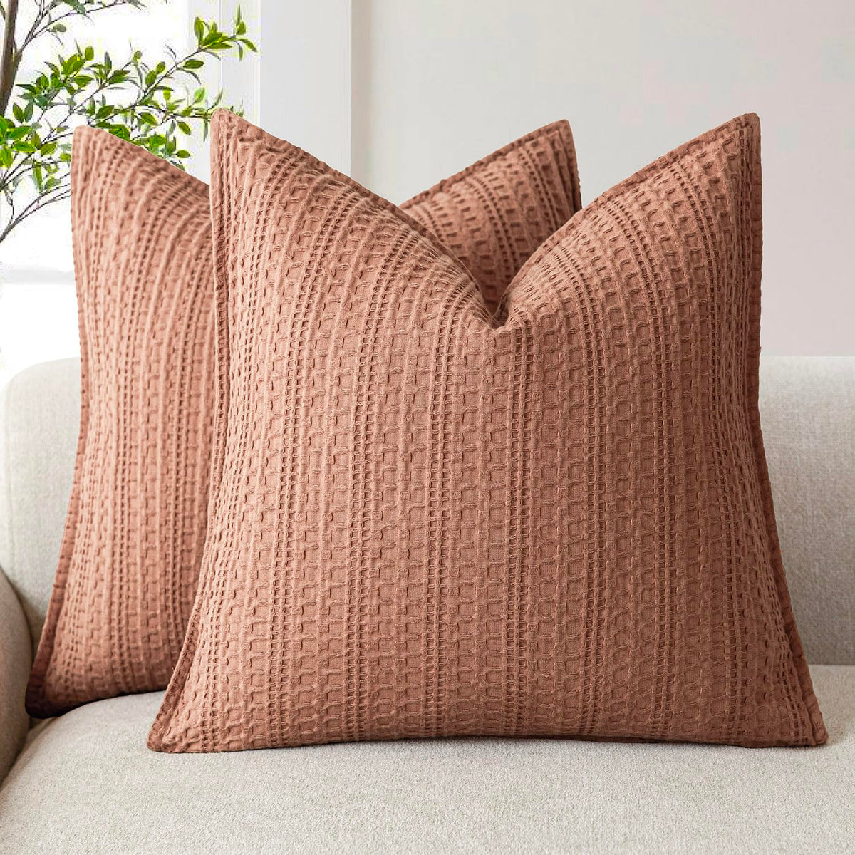 Foindtower Set of 2 Decorative Cotton Waffle Weave Textured Throw Pillow Covers Euro Sham Cushion Covers Accent European Pillowcase For Bed Couch Sofa Bedroom Living Room Home Decor 18×18 Inch Oatmeal