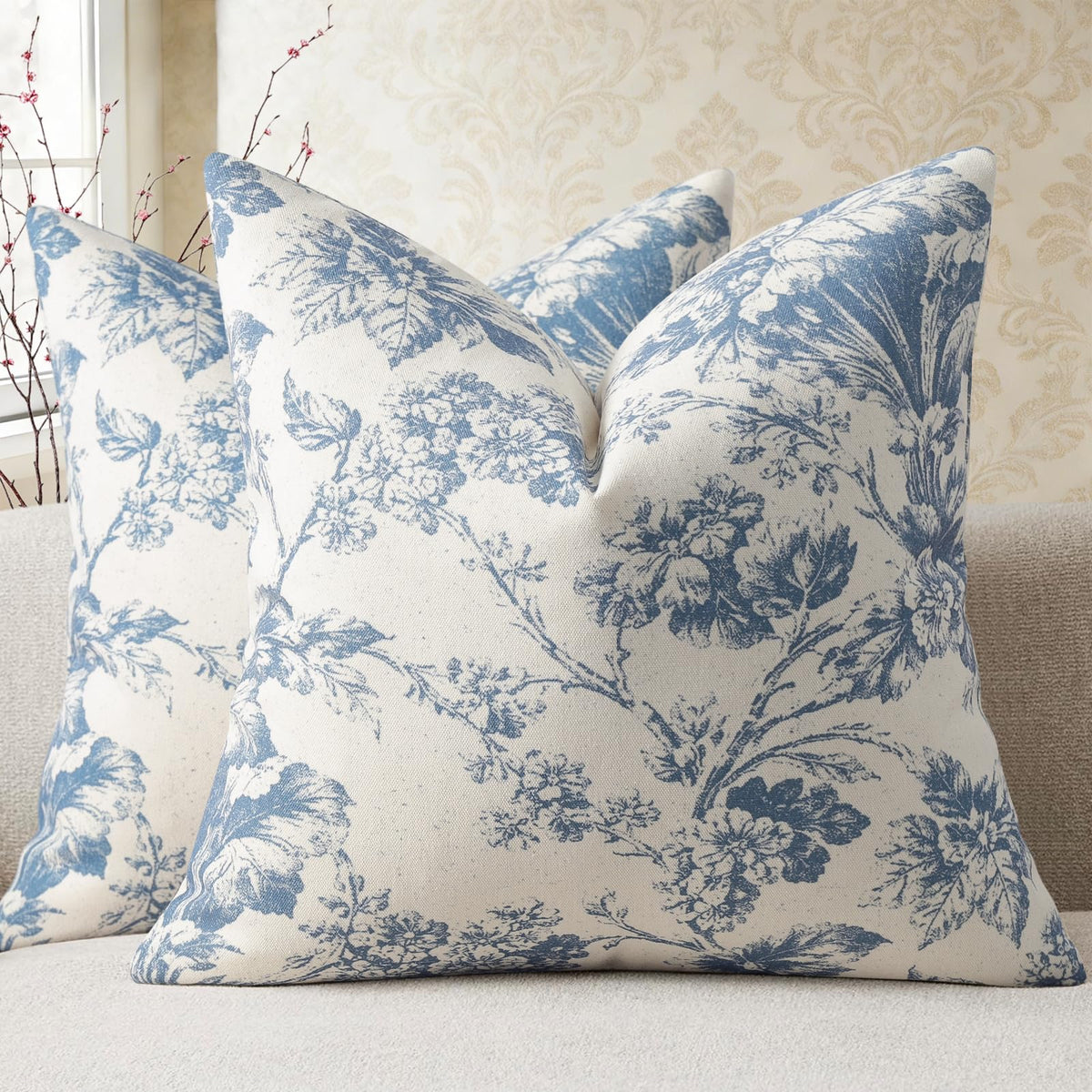 Buenohuas Farmhouse Decorative Pillow Covers 18x18 Set of 2, Vintage Botanical Floral Patterned Cushion Covers for Sofa Couch Chair Bed Living Room Home Decor Accents, Olive Green