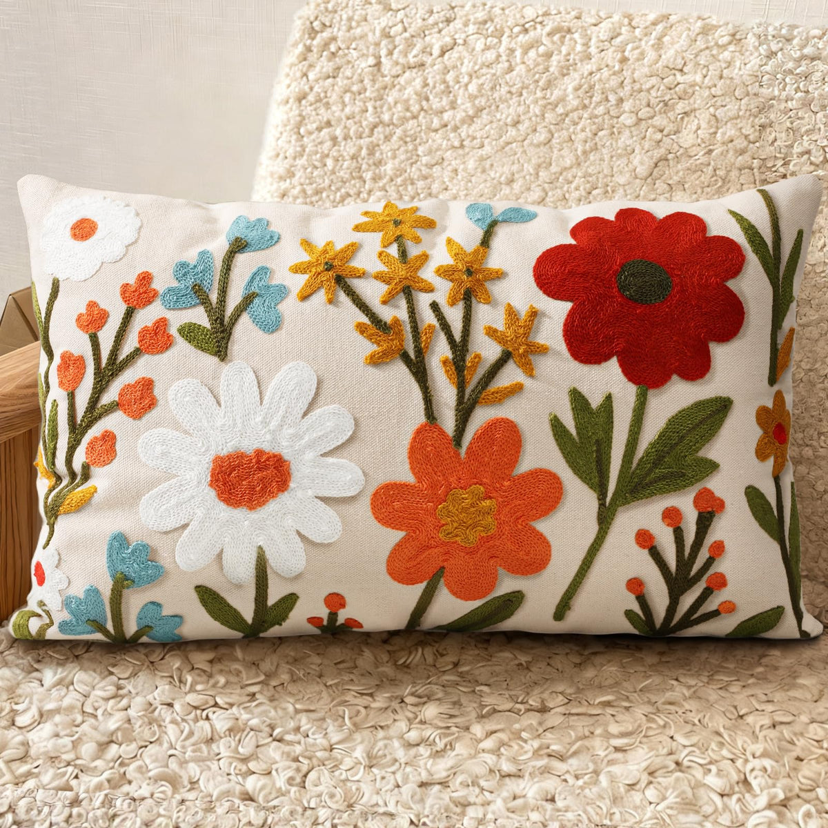 Embroidered Throw Pillow Cover 18x18 Inch, Flower Cluster