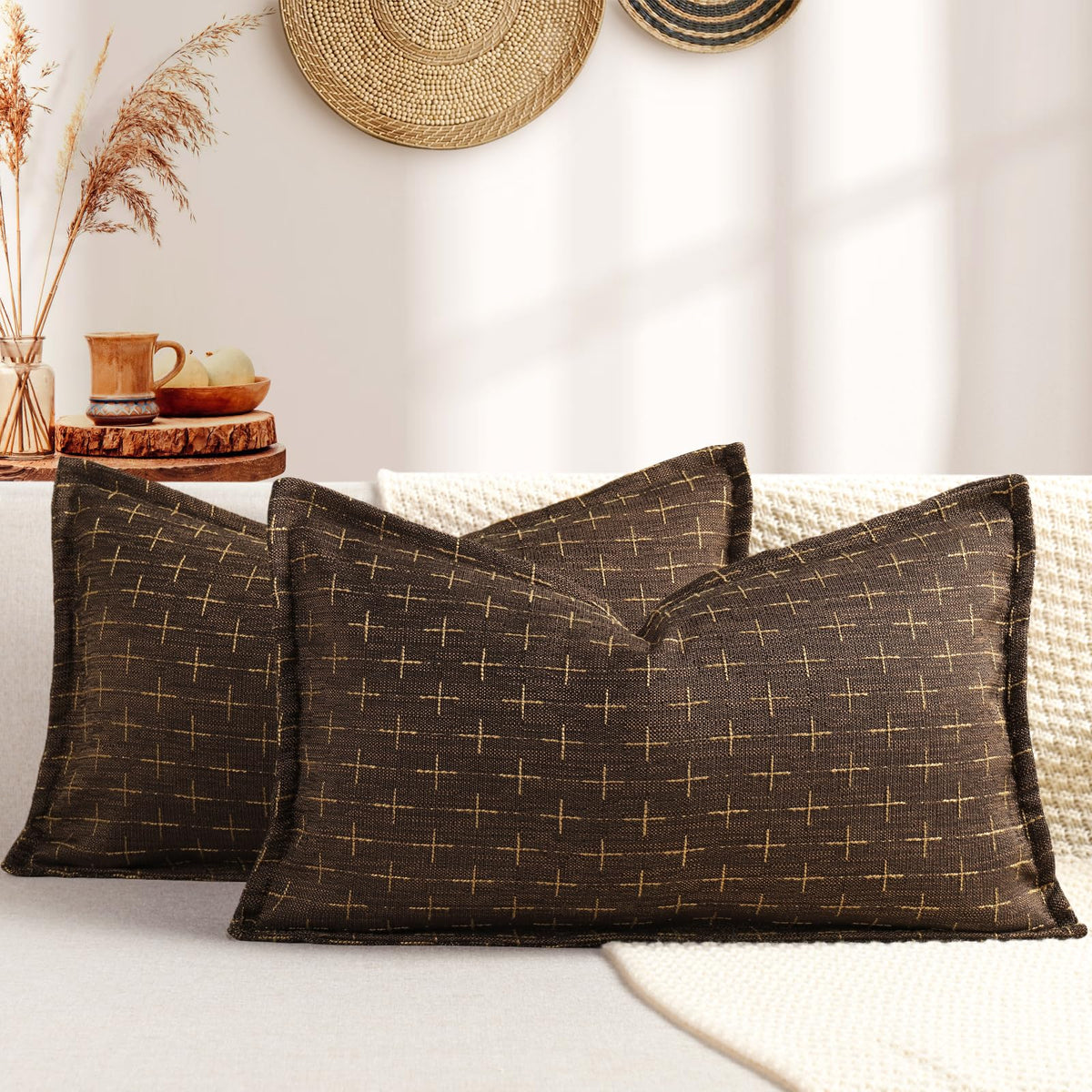 ZWJD Fall Pillow Covers 20x20 Set of 2 Soft Polyester Textured Rust Pillow Covers with Stylish Flange Edge Cozy Farmhouse Throw Pillows for Couch Bed Sofa Living Room Fall Decor