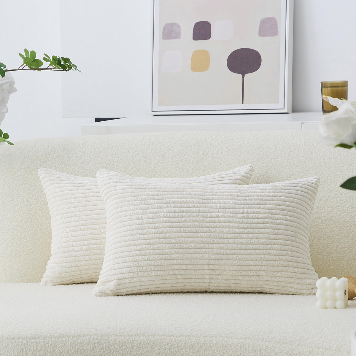 Home Brilliant Yellow Pillow Covers Summer Decorative Set of 2 Striped Corduroy Plush Velvet Throw Pillow Covers for Couch Decor, 18x18 inch, Light Yellow