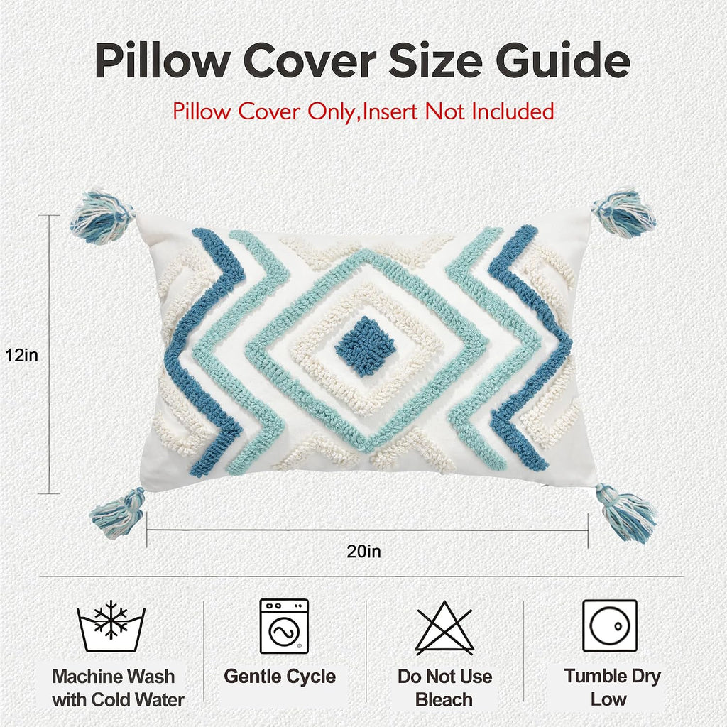 Lumbar Boho Pillow Covers 12x20 Tufted Teal for Couch Bed Teal