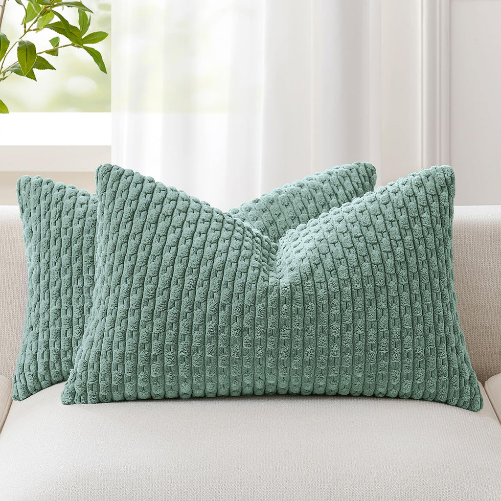 Kevin Textile Soft Corduroy 18x18 Inch Pillow Covers 2 Pack, Sage Green