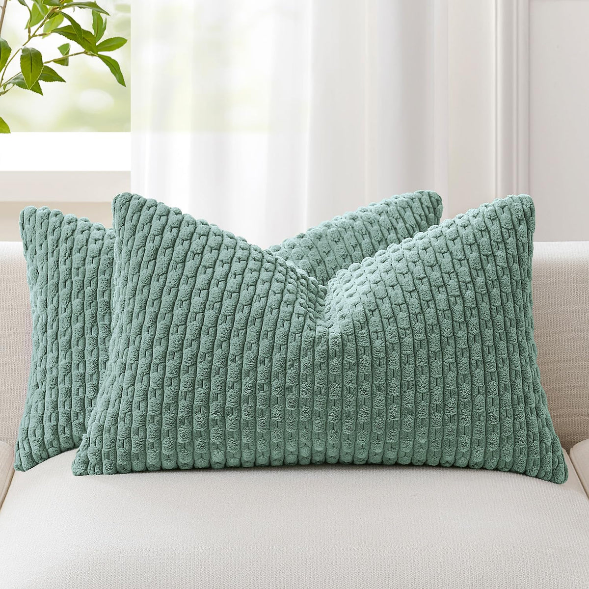 Kevin Textile Soft Corduroy 18x18 Inch Pillow Covers 2 Pack, Sage Green
