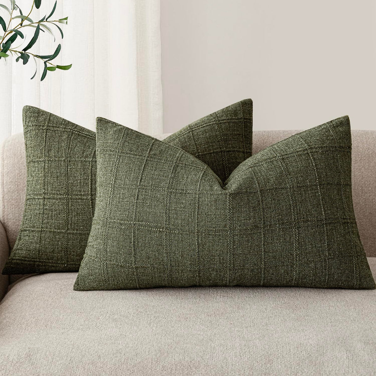 Foindtower Boho Linen Check Decorative Throw Pillow Cover 20×20 Olive Green