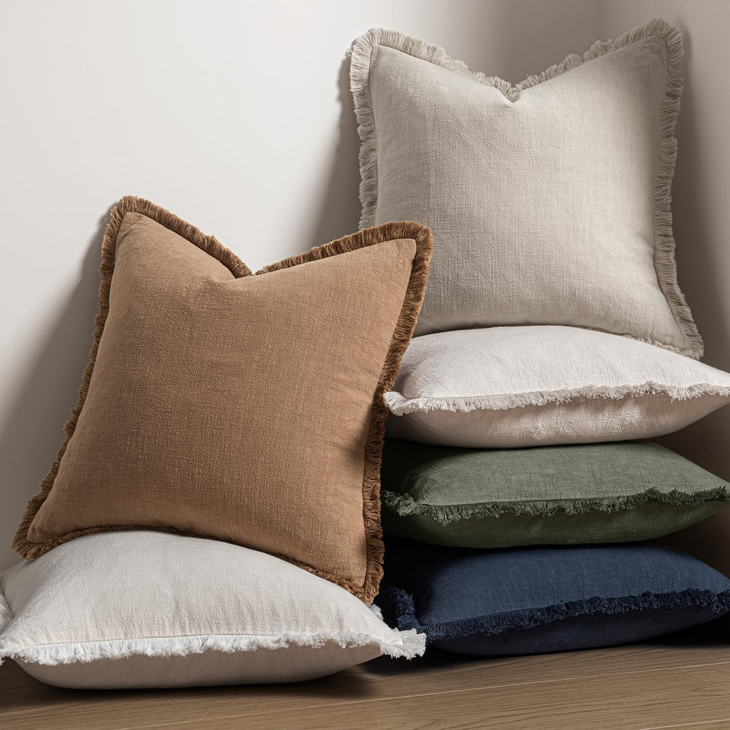 MIULEE Linen Fringe Decorative Throw Pillow Covers Natural Beige 20x20