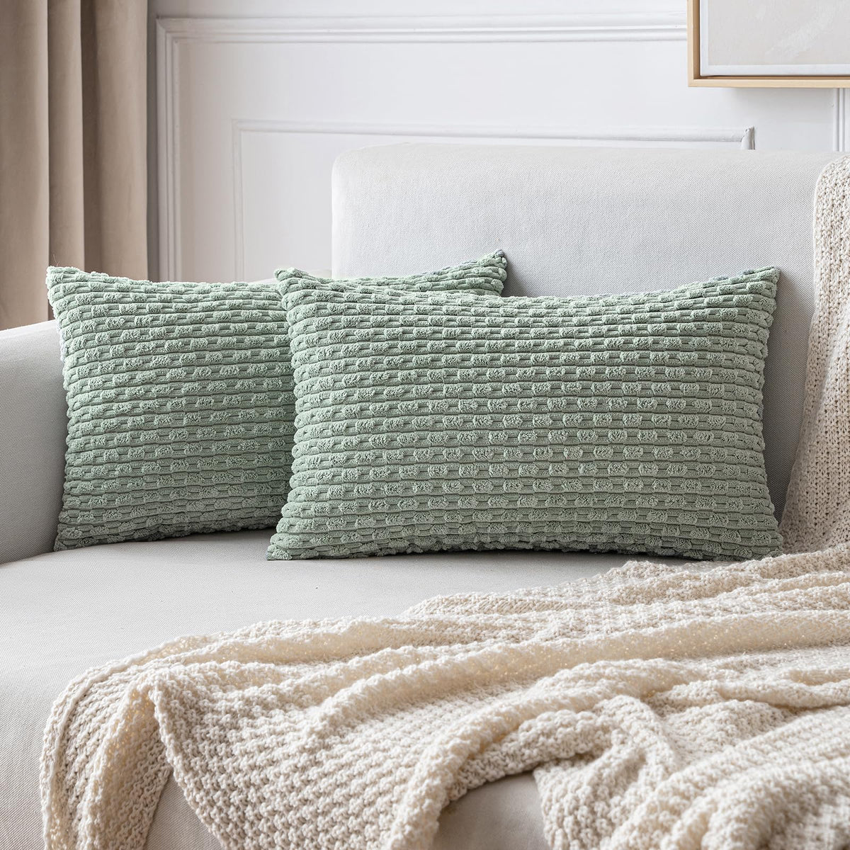 MIULEE Decorative Throw Pillow Covers 18x18 Sage Green Textured Corduroy