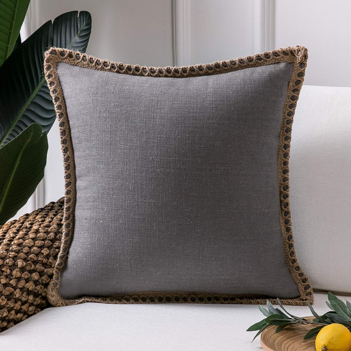 Phantoscope Pack of 2 Farmhouse Decorative Solid Throw Decorative Pillow Cover Burlap Linen Trimmed Tailored Edges Navy Blue 18 x 18 inches, 45 x 45 cm