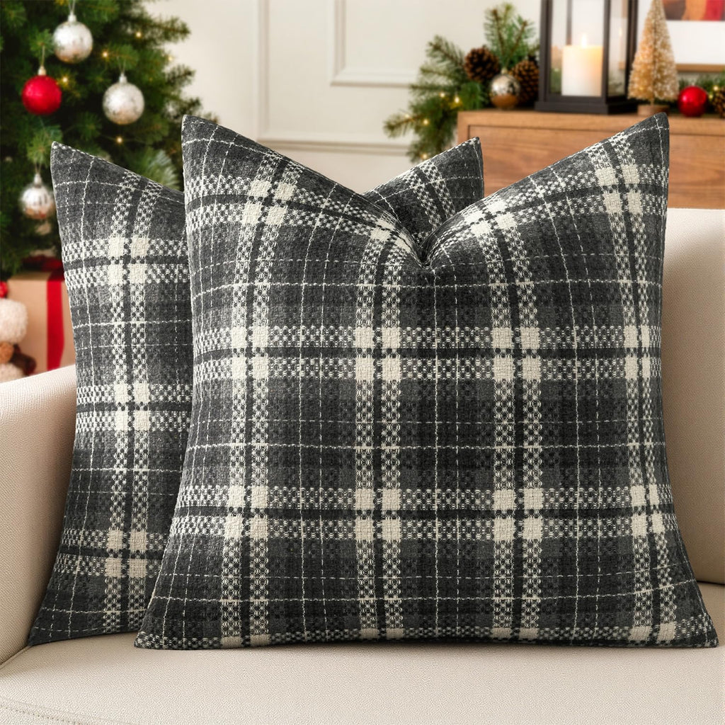 MIULEE Tartan Plaid Throw Pillow Covers Fall 18x18 Inch Coffee Brown