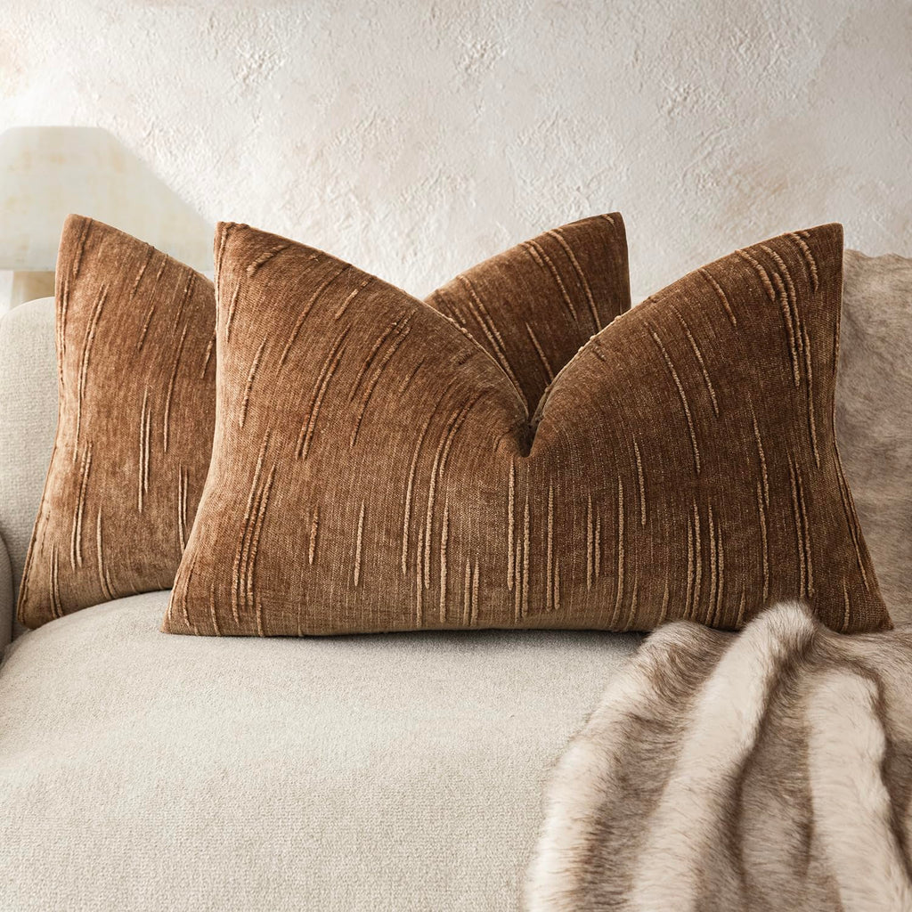 Foindtower Pack of 2 Slubby Textured Chenille Throw Decorative Pillow Covers Square Accent Solid Cushion Cover Neutral Farmhouse Pillow Case for Sofa Bedroom Living Room 18x18 Inch,Dark Olive Green