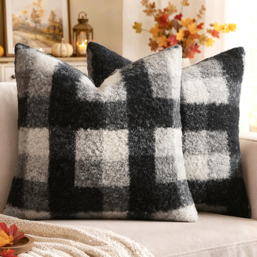 MIULEE Fall Plaid Pillow Covers Boucle Khaki White 18x18 Set of 2