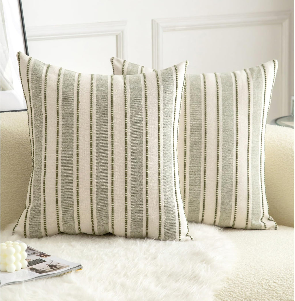 Cethom Decorative Boho Throw Pillow Covers, Farmhouse Textured Pillow Case, 20 x 20 Inch Set of 2, Chair Sofa Bedroom Living Room Home Decor Couch Cushion Case, Classic Blue and Beige Striped