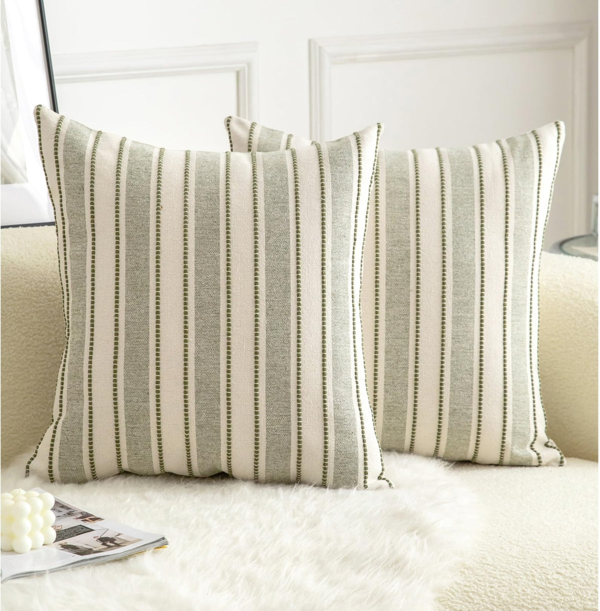 Cethom Decorative Boho Throw Pillow Covers, Farmhouse Textured Pillow Case, 20 x 20 Inch Set of 2, Chair Sofa Bedroom Living Room Home Decor Couch Cushion Case, Classic Blue and Beige Striped