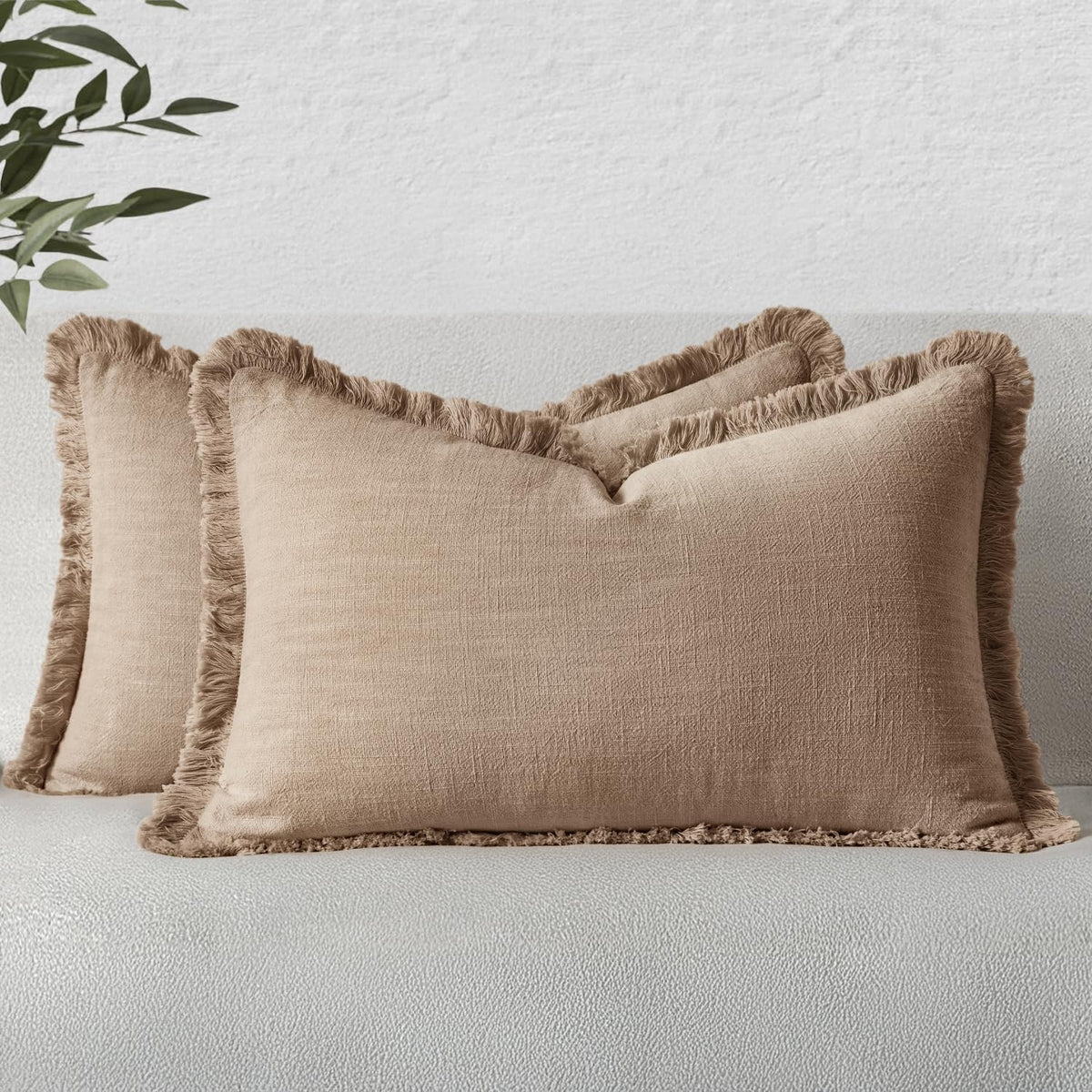 MIULEE Linen Fringe Decorative Throw Pillow Covers Natural Beige 20x20