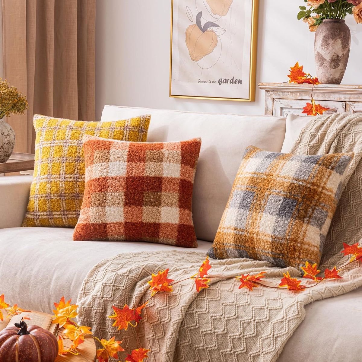 AQOTHES Plaid Fall Throw Pillow Covers Orange 18x18 Inch Set of 2