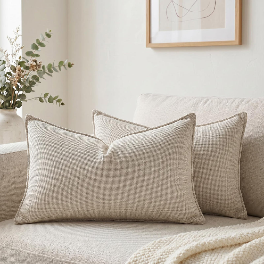 Fancy Homi Set of 2 Sage Green 12x20 Inch Soft Chenille Decorative Throw Pillow Covers with Flange Edge, Lumbar Neutral Modern Boho Textured Cushion Case Home Decor for Couch Sofa Bed Living Room