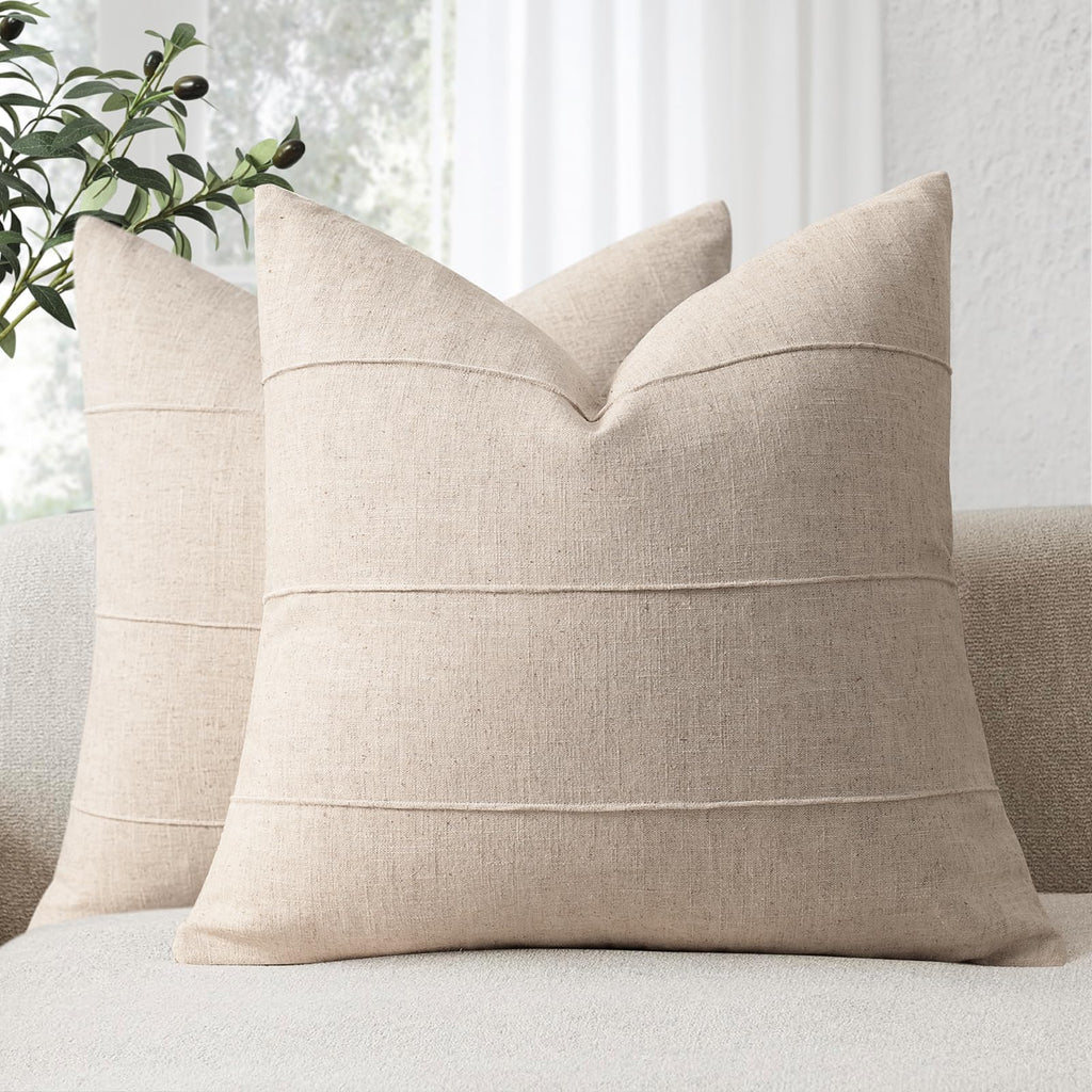 Decorative Linen Throw Pillow Covers 18x18 Set of 2 Solid handcrafted Striped Cushion Covers for Bed Soft Modern Farmhouse Neutral Pillowcase for Couch Bedroom Living Room Home Decor(Natural Beige)