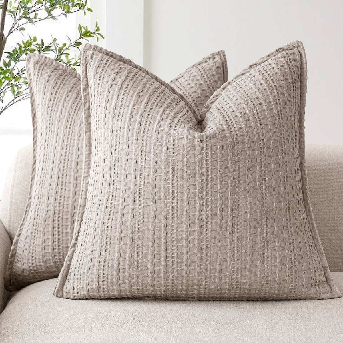 Foindtower Set of 2 Decorative Cotton Waffle Weave Textured Throw Pillow Covers Euro Sham Cushion Covers Accent European Pillowcase For Bed Couch Sofa Bedroom Living Room Home Decor 18×18 Inch Oatmeal