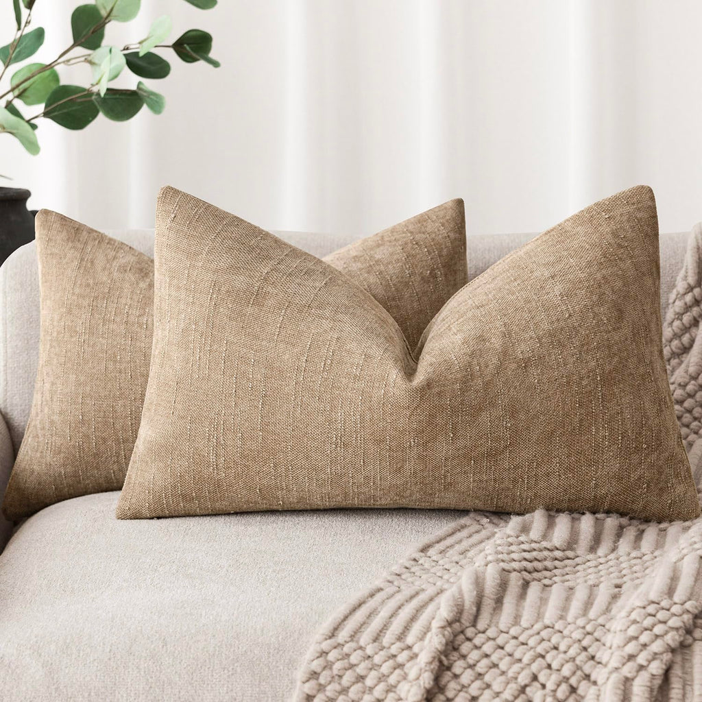 Foindtower Solid Textured Chenille Throw Pillow Covers 20x20 Inch,Taupe