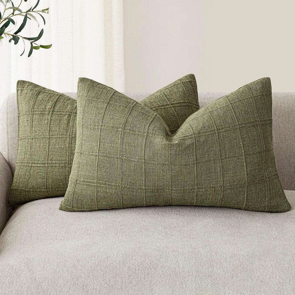 Foindtower Boho Linen Check Decorative Throw Pillow Cover 20×20 Olive Green
