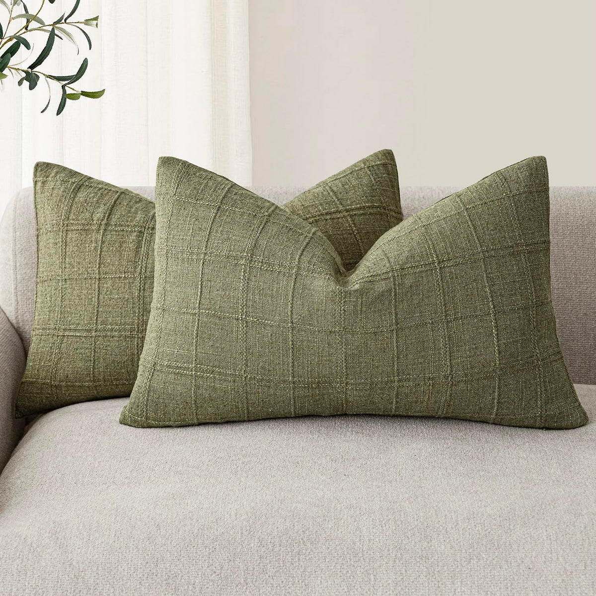 Foindtower Boho Linen Check Decorative Throw Pillow Cover 20×20 Olive Green