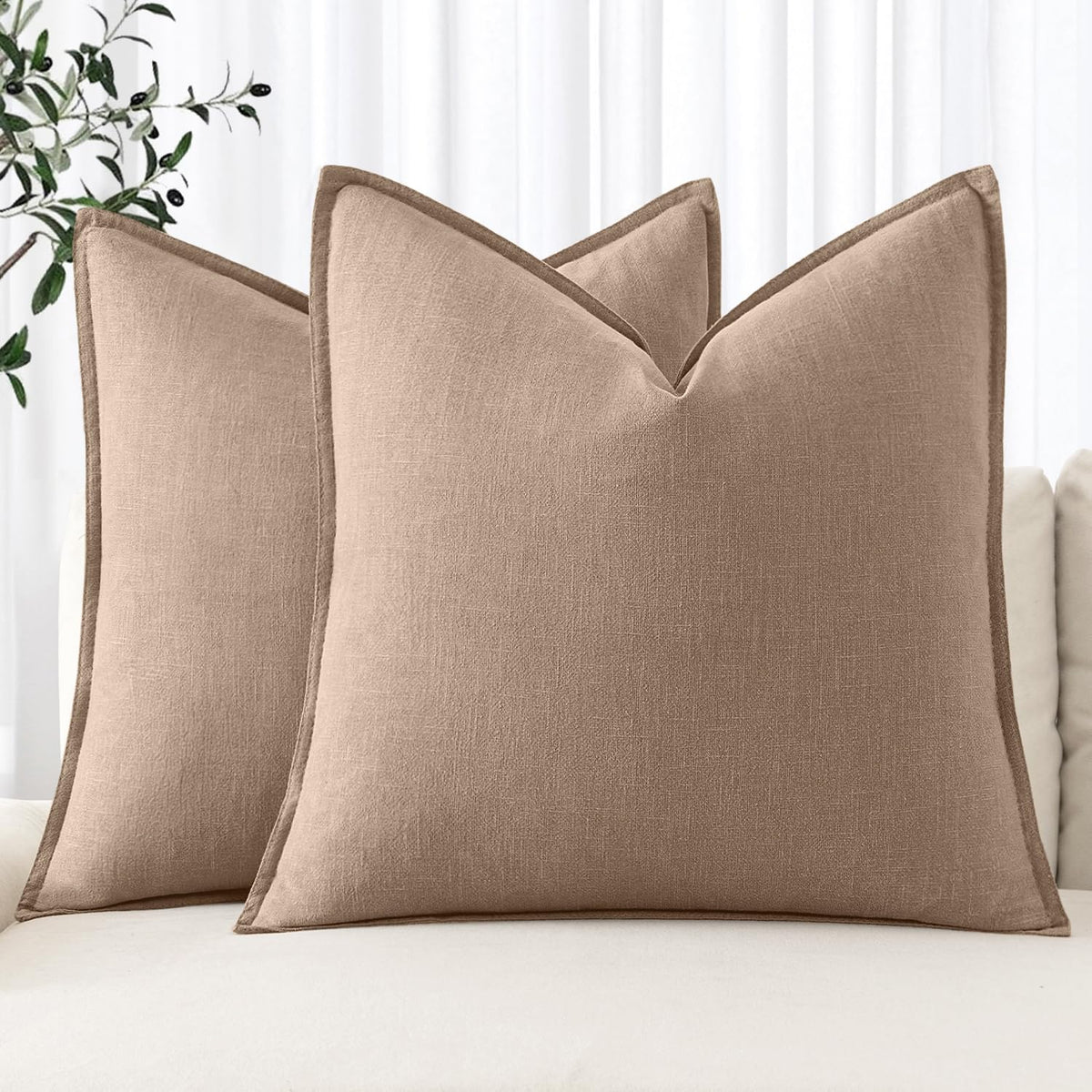 MIULEE Decorative Linen Euro Sham Pillow Covers 22x22 Inch Natural Beige
