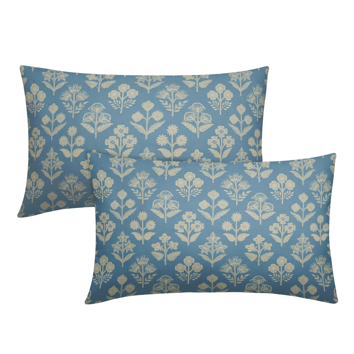 Blue Green Block Print Pillow Covers 18x18 Inch Set of 2, Vintage Floral Spring Decorative Throw Pillow Cases Boho Cushion Covers Rustic Decoration Gift Farmhouse Sofa Couch Bed Decor