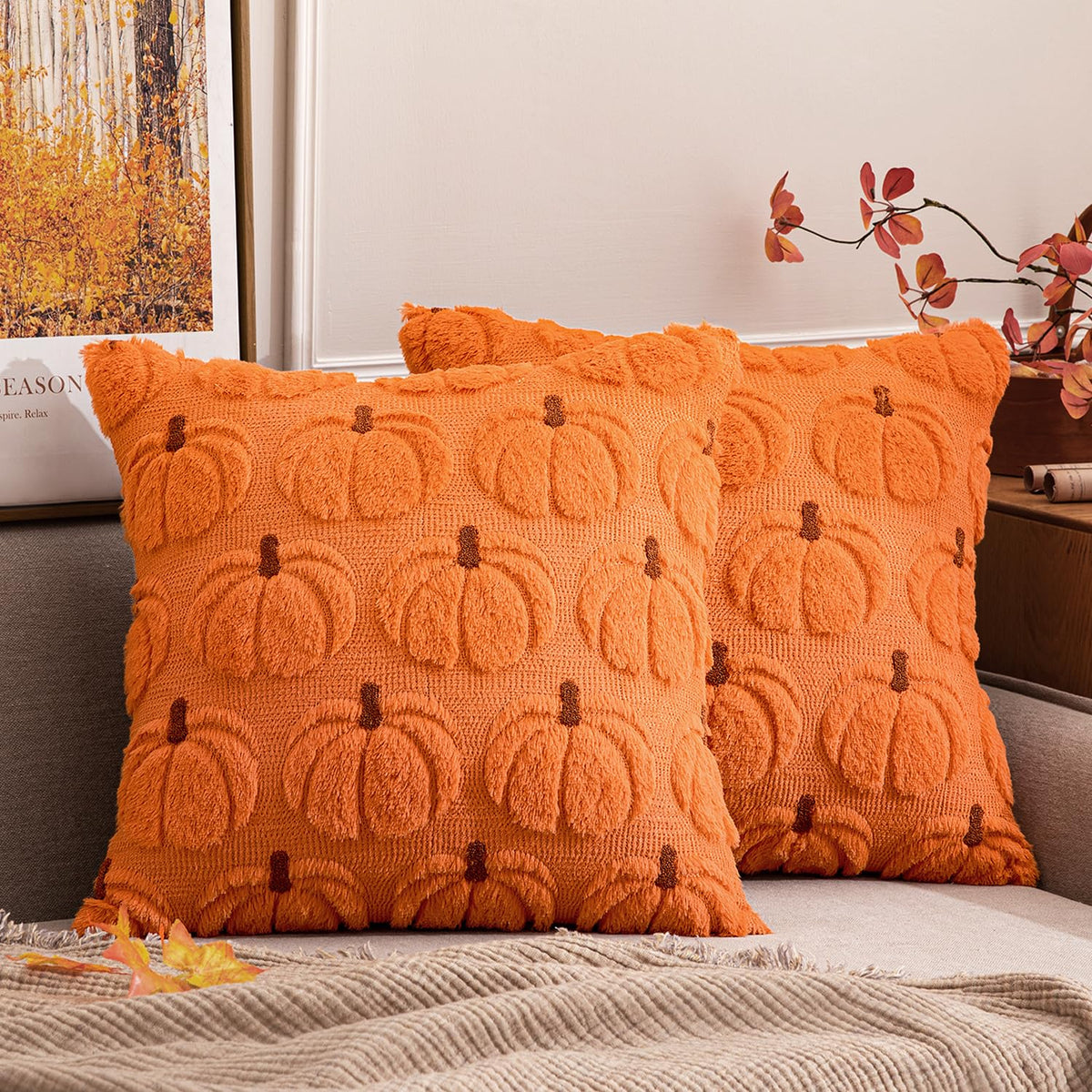 MIULEE Fall Pumpkin Pillow Covers Fall Decor Beige Brown Stem 18x18