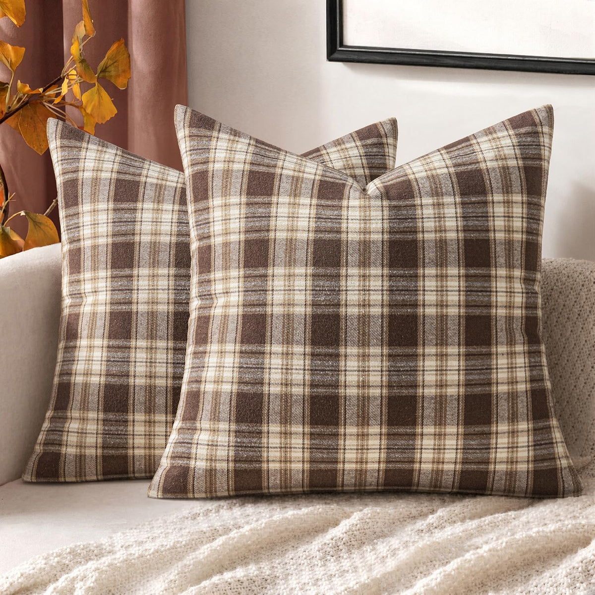 MIULEE Fall Plaid Pillow Covers Scottish Tartan 18x18 Brown