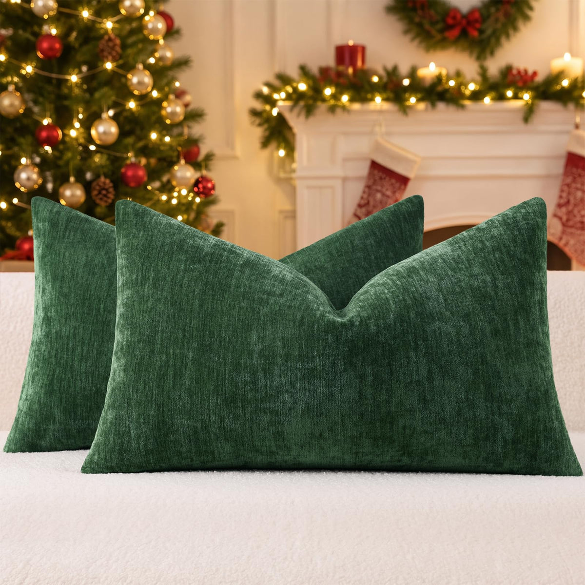 decorUhome Soft Chenille Moss Green Throw Pillow Covers 18X18 Set of 2