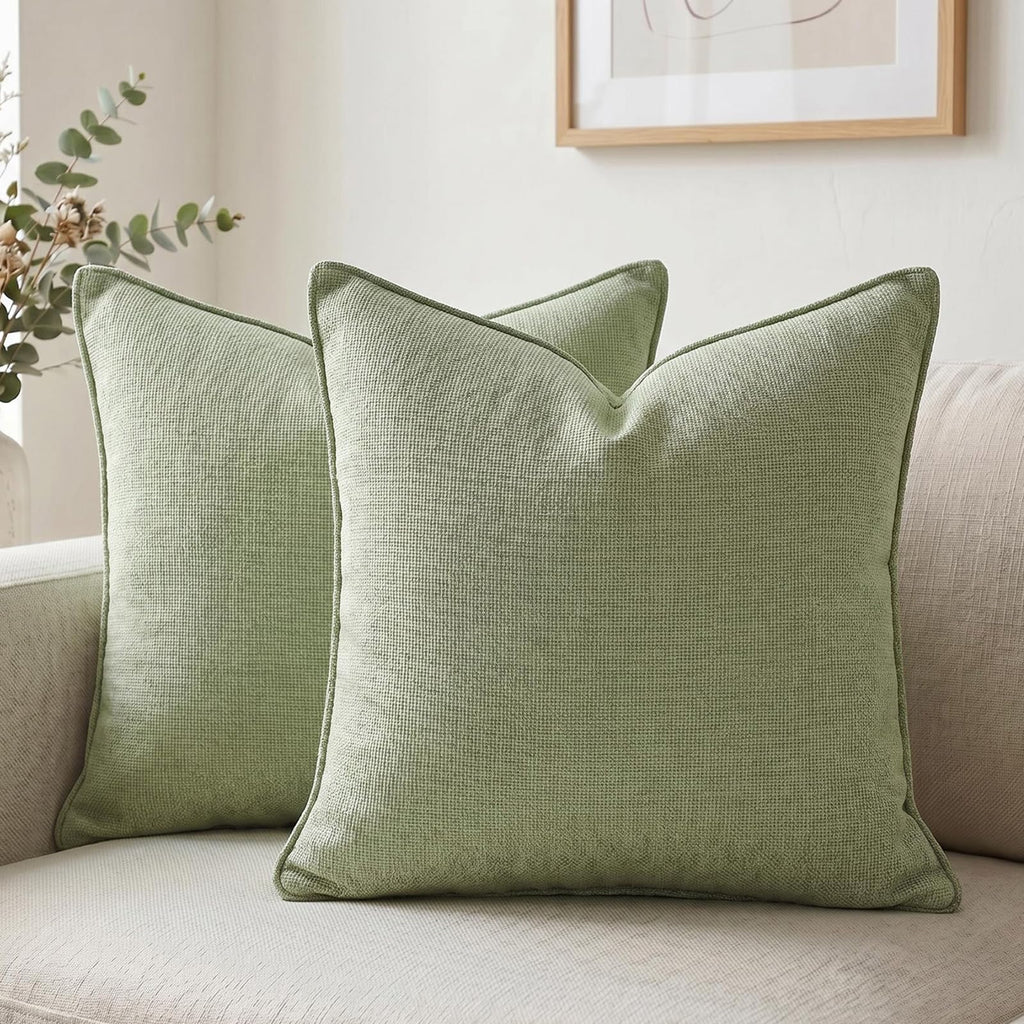 Fancy Homi Set of 2 Sage Green 12x20 Inch Soft Chenille Decorative Throw Pillow Covers with Flange Edge, Lumbar Neutral Modern Boho Textured Cushion Case Home Decor for Couch Sofa Bed Living Room