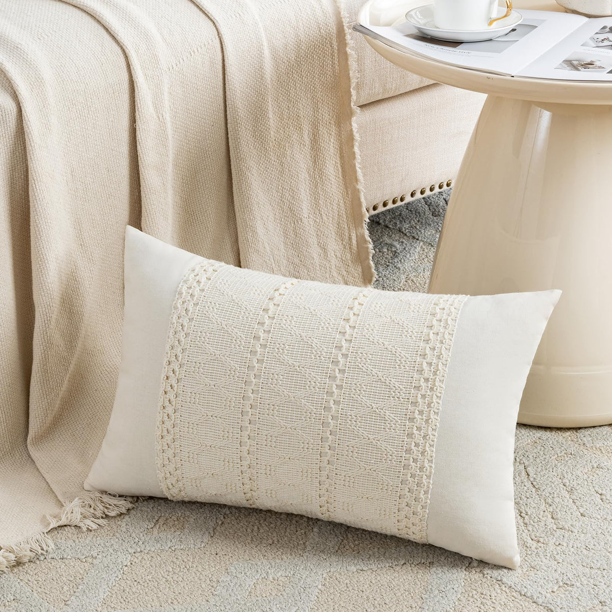 Fancy Homi Set of 1 Sage Green Boho Lumbar Decorative Throw Pillow Covers 12x20 Inch for Living Room Bedroom Couch Bed Chair, Rustic Retro Cushion Case, Bohemian Room Home Decor