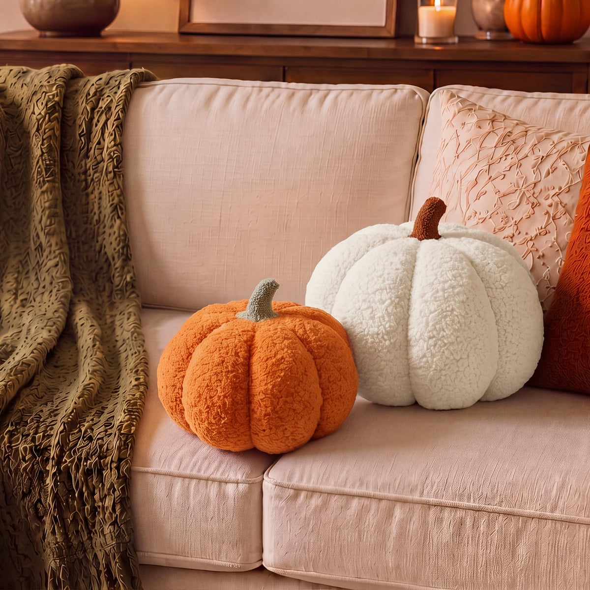 Juexica 3 Pcs Stuffed Pumpkin Pillows Fall Decor Cushions,Cool Neutral