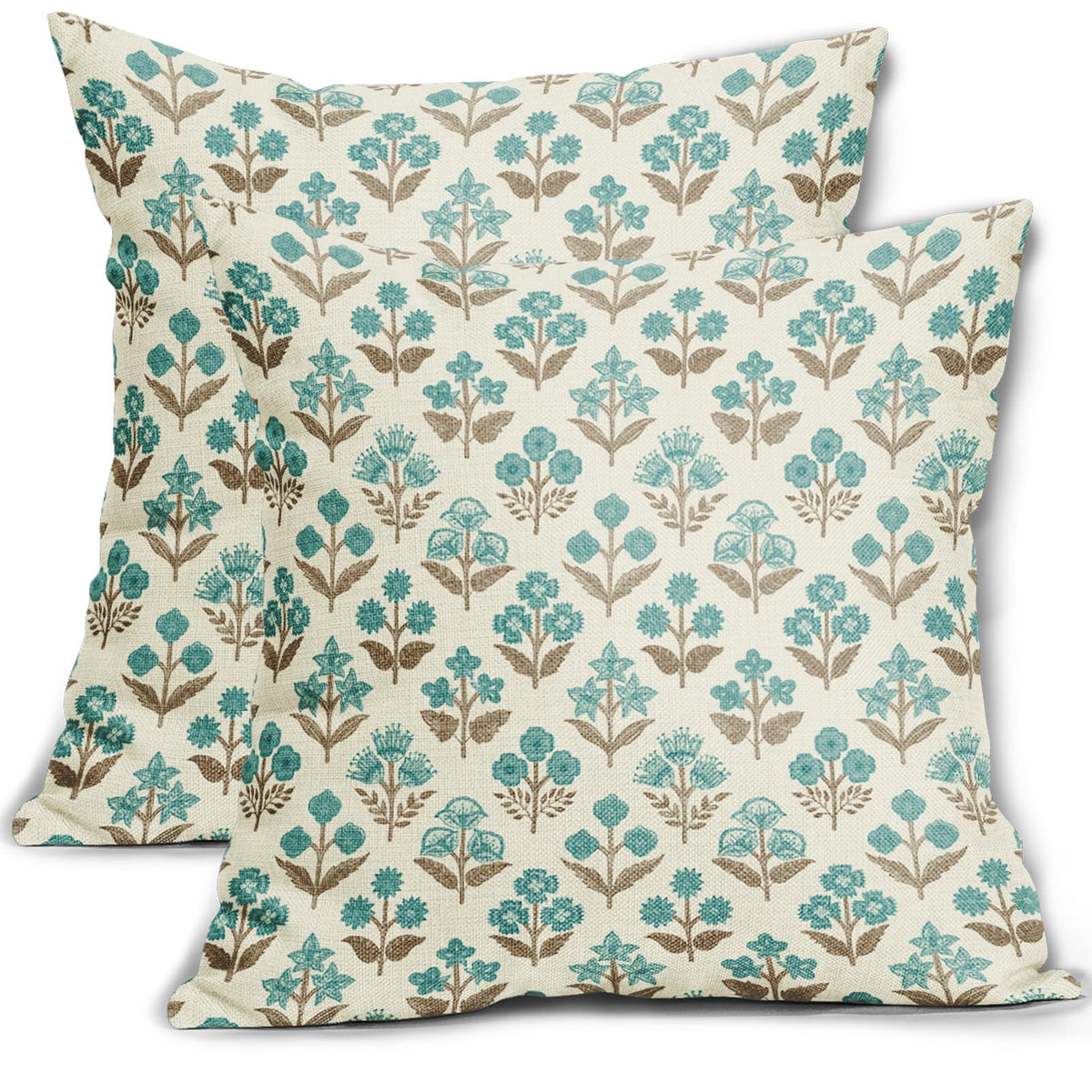Blue Green Block Print Pillow Covers 18x18 Inch Set of 2, Vintage Floral Spring Decorative Throw Pillow Cases Boho Cushion Covers Rustic Decoration Gift Farmhouse Sofa Couch Bed Decor