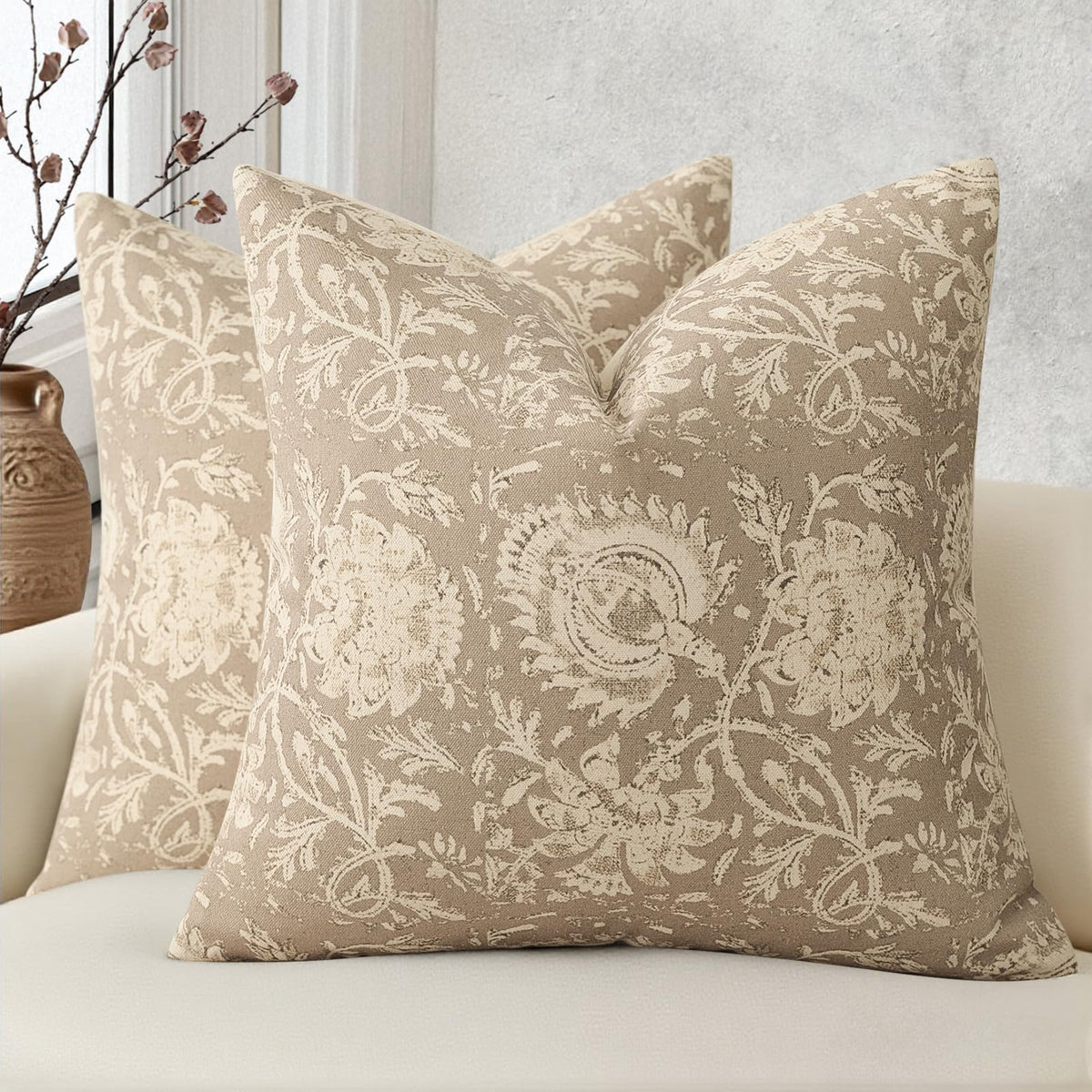 Vintage Floral Print Throw Pillow Covers 18x18 Set of 2 Neutral Modern Farmhouse Pillowcases Accent Decorative Cushion Covers Boho Home Decor for Couch Sofa Chair Bed Living Room, Olive Green