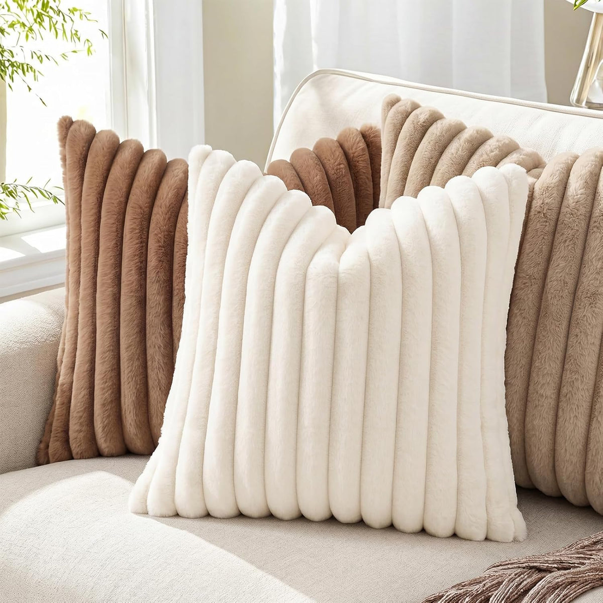 Pallene Faux Fur Decorative Throw Pillow Covers 18x18 Set of 2, Cream White