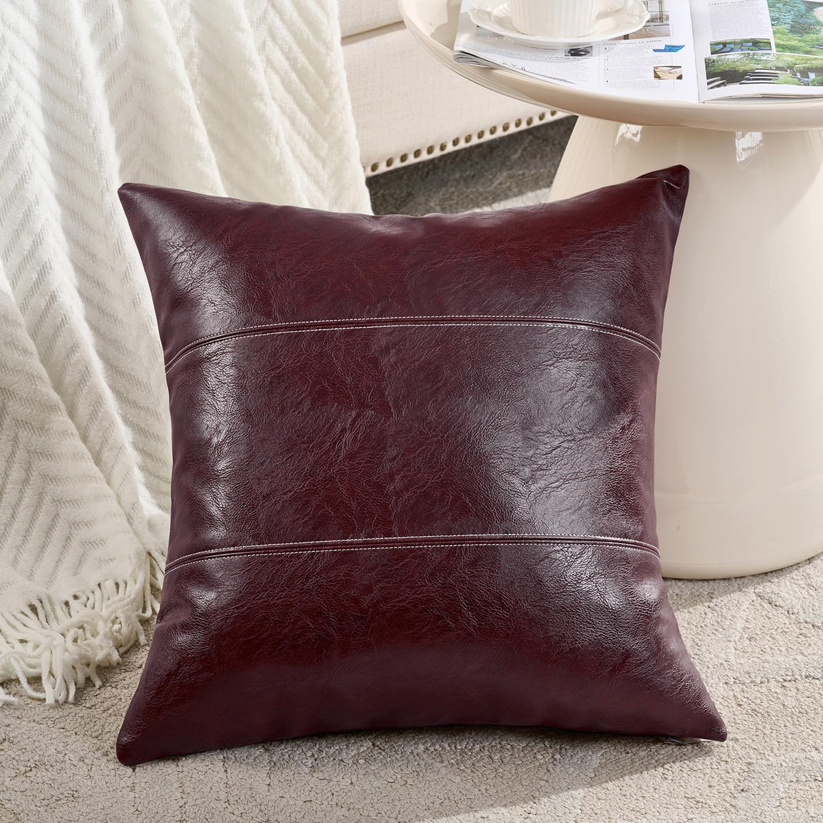 Fancy Homi Brown Boho Long Lumbar Faux Leather Body Decorative Throw Pillow Cover 14x36 Inch for Bedroom Couch Bed Sofa Bench, Hand Stitched Stylish Pillowcase, Rustic Modern Farmhouse Room Decor
