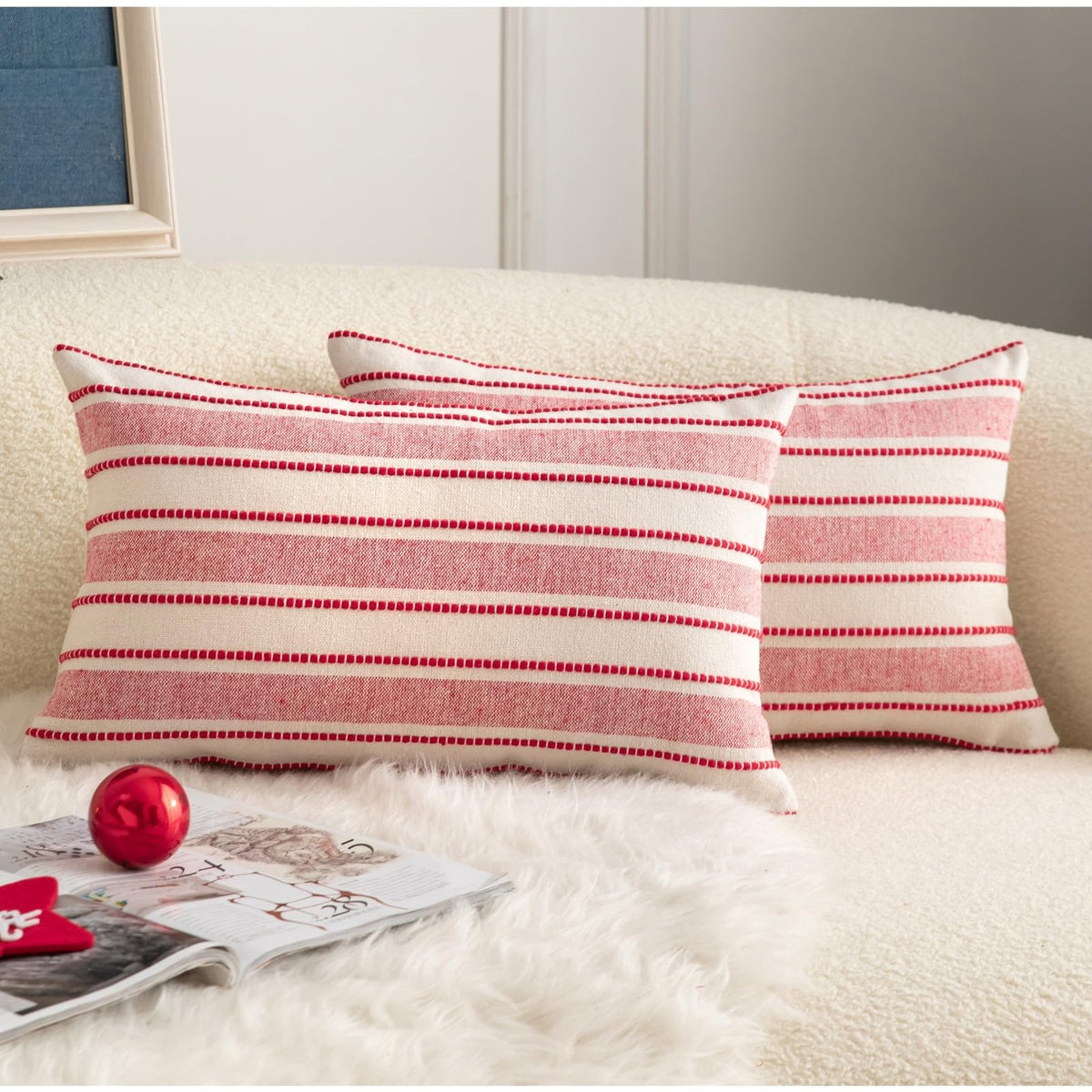 Cethom Decorative Boho Throw Pillow Covers, Farmhouse Textured Pillow Case, 20 x 20 Inch Set of 2, Chair Sofa Bedroom Living Room Home Decor Couch Cushion Case, Classic Blue and Beige Striped